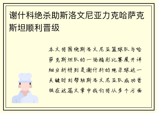 谢什科绝杀助斯洛文尼亚力克哈萨克斯坦顺利晋级 谢什科绝杀助斯洛文尼亚力克哈萨克斯坦顺利晋级